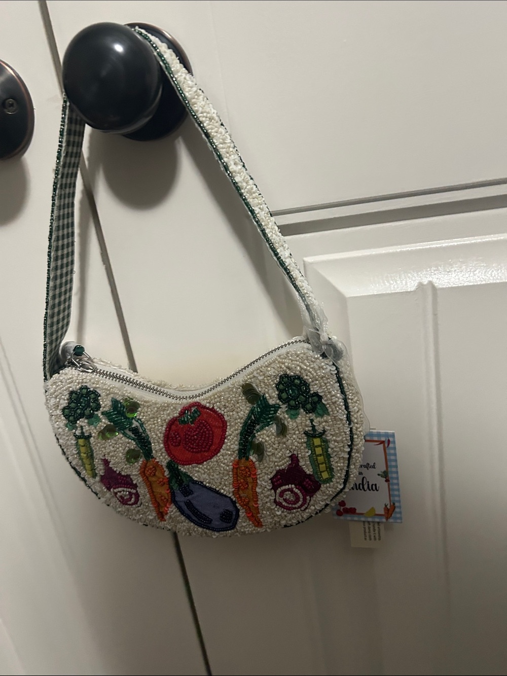 White Beaded Mini Shoulder Bag with Colorful Vegetable Embroidery